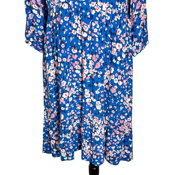 Talbots Womens Dress PL Blue Pink Floral Midi V-Neck Smocked Cottagecore Pockets - Picture 6 of 10